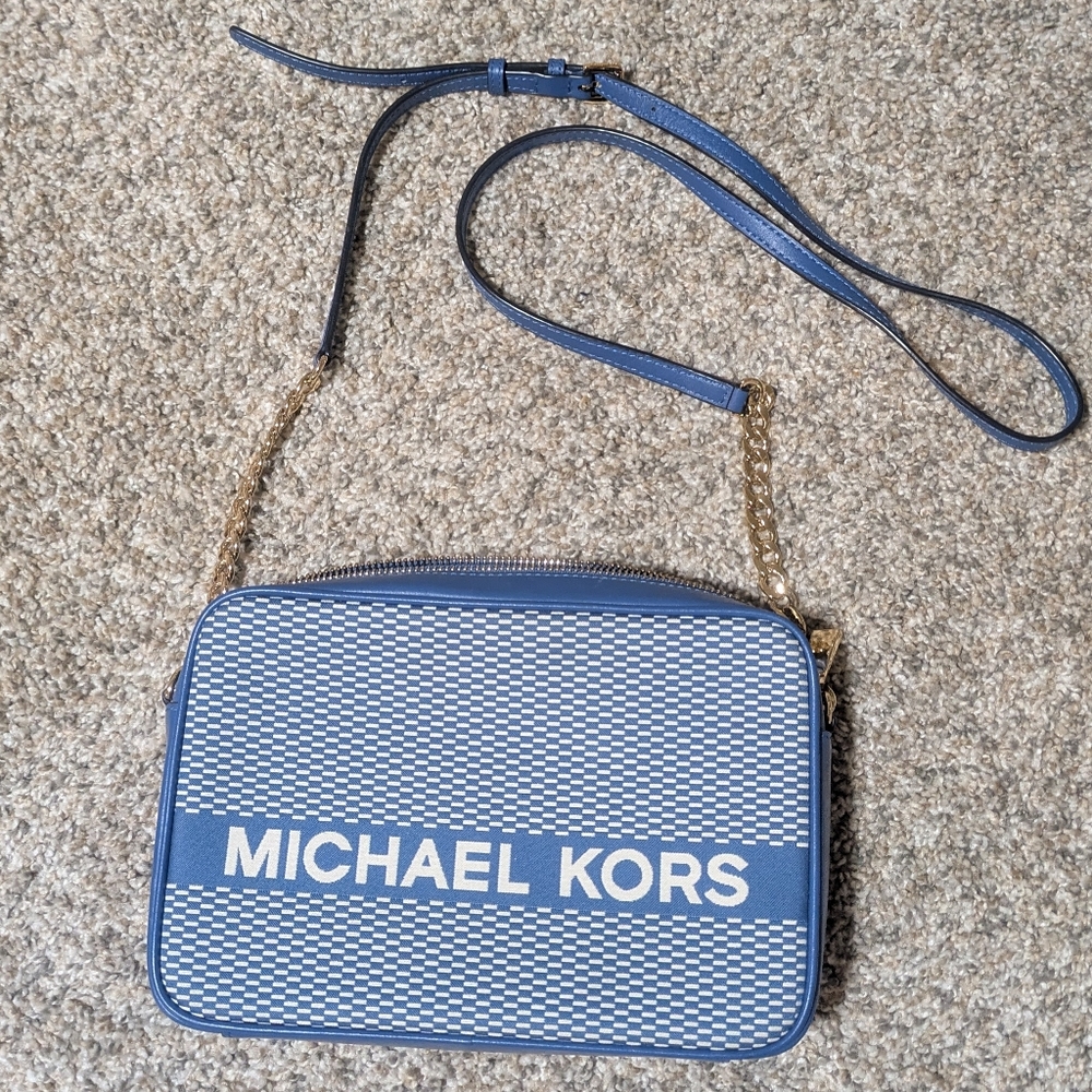 Michael Kors Blue and White Large Jet Set Crossbody Bag